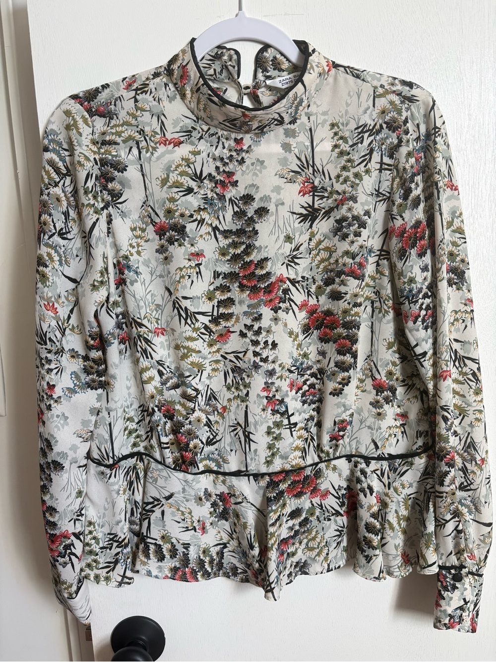 Zara Ivory Floral Mock-Neck Peplum Blouse